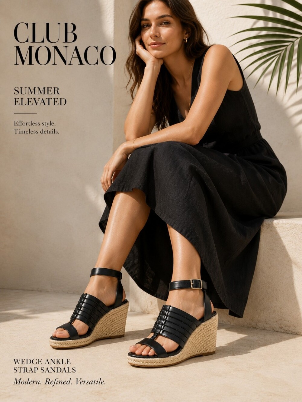 CLUB MONACO Leather Black Strappy Wedge Espradrille Sandals Sz 39 1/2